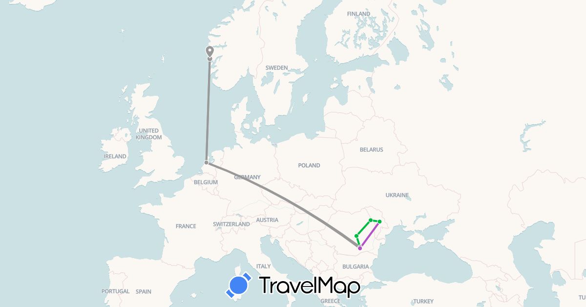 TravelMap itinerary: driving, bus, plane, train in Moldova, Netherlands, Norway, Romania (Europe)